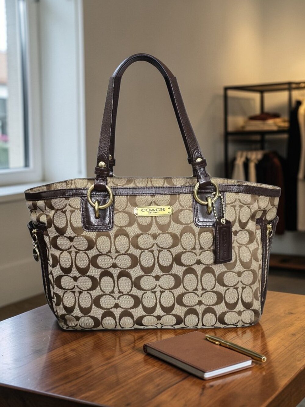 Coach Gallery Signature Tote Canvas Leather Pocket Shoulder Bag COA F19249